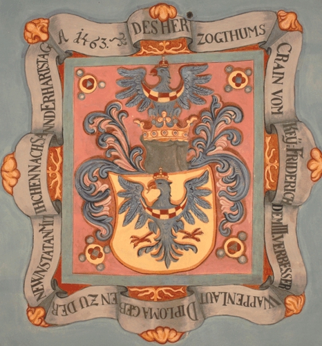 Grb Kranjske na stropu kapele sv. Jurija na Ljubljanskem gradu med leti 1742 in 1747. Foto: Aleksander Hribovšek, 2010.