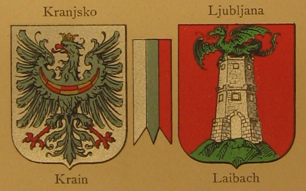 Grba Kranjske in Ljubljane ter deželne barve Kranjske. Dr. Karl Lind, Städte-Wappen von Österreich-Ungarn nebst den Landeswappen und Landesfarben, Dunaj, 1885.